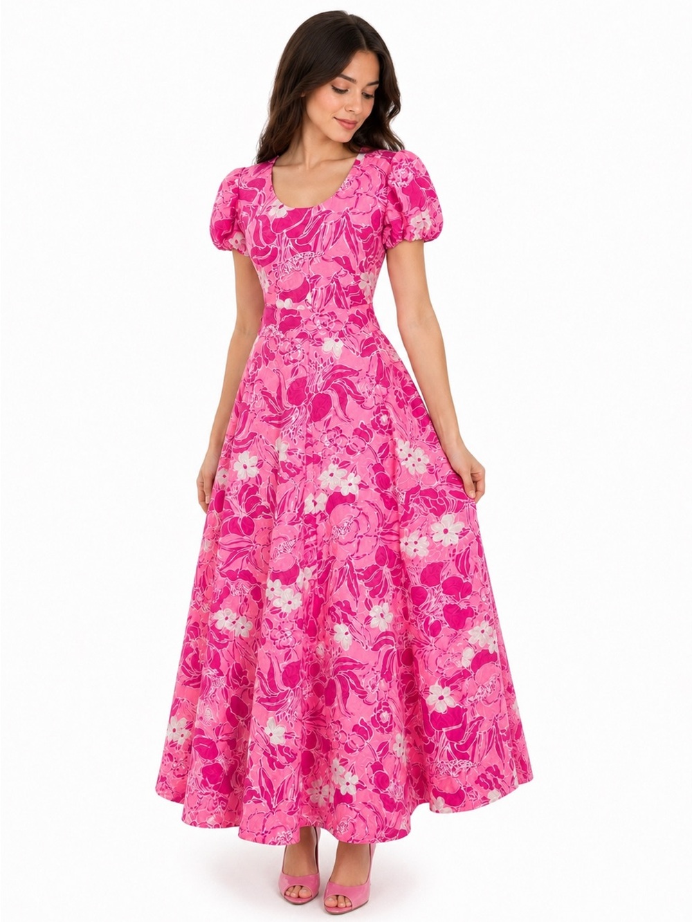 VTG‎ 60s/70s Pink Floral Puff Sleeve Maxi Dress Cottagecore Boho Mod